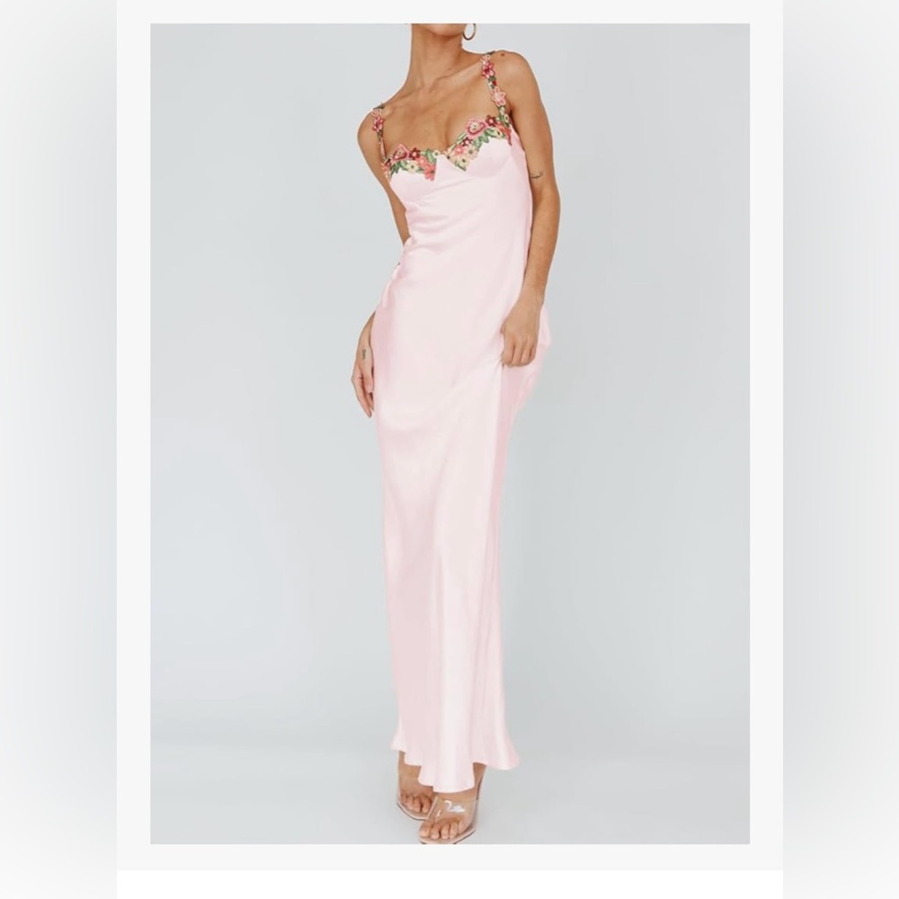 Elegant Pink Floral Trim Dress